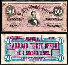 1864 CSA Confederate States of America $50 T-66 Genuine Note w/Print Railroad Ad picture
