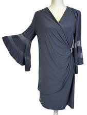 NWT R&M Richards Womens Size 12 Gray Blueish Embellished Faux Wrap Sheath Dress picture
