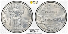 1965 French Polynesia 5 Francs  PCGS MS 65  Choice Gem UNC, Cool Aluminum Type picture