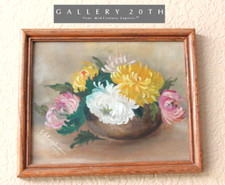 WOW 1927 ORIG FLOWERS OIL PAINTING CHRYSANTHEMUMS STILL LIFE VTG ART DECO MCM picture