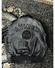 AVIREX Men's Black Crocodile Embossed Leather Varsity Bomber Jacket USA picture