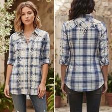 NWT Kyla Seo Blue Floral Embroidered Plaid Button Down Tunic Shirt Anthropologie picture