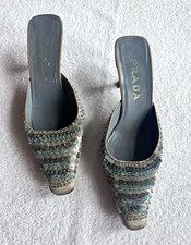 Vintage PRADA Women’s Silver Sequin Beaded Square Toe Kitten Heel Mules 36.5 picture