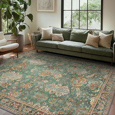 8x10 Washable Area Rug Green Boho Vintage Non Slip Low Pile Carpet picture
