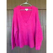 Maeve by Anthropologie Fuzzy Pink V Neck Sweater picture