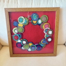 Vtg Hand Stitched Wool Penny Rug Wreath Shadowbox Frame Primitive Folk Art 13” picture