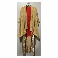 Vintage Japanese Kimono Robe Gold Brocade Red Lining Floral Crane 58” Long picture