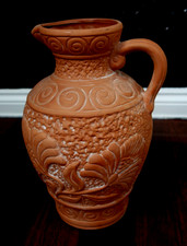 Vintage Terracotta Jug Pitcher Large 29cm 3.5L Relief Greek Key Shell Glazed picture