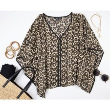 Miss Tina Kaftan Top Leopard Animal Blouse Medium V-Neck Sheer Flowy Resort Chic picture