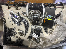 COWGIRL TRENDY Black & White Western Studded Satchel, Buckle, Strap picture