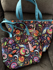 MJ Makeup Junkie Bags Multicolor Paisley Tote Set w/ Tassel & Blue Handles picture