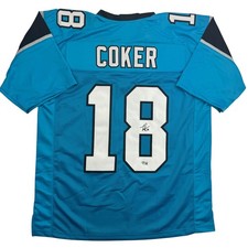 Autographed/Signed Jalen Coker Carolina Blue Football Jersey Beckett COA picture