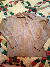 LOFT Beige Rib-Knit 1/4 Zip Mock Neck Pullover Sweater Long Sleeve S picture
