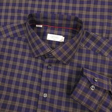 Eton York Dress Shirt Mens XL 17.5 Blue Brown Plaid Slim Fit Business Casual picture