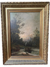 19th Barbizon School Moonlight Lake Peasants Antique Oil Painting DUPRE ROUSSEAU picture