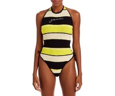 Ganni Womens Crochet Stripe Halter One Piece Swimsuit Multicolor Size S 36 picture