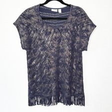 Chicos Navy Blue Gold Metallic Open Knit Fringe Hem Top Size 3/XL Boho Western picture