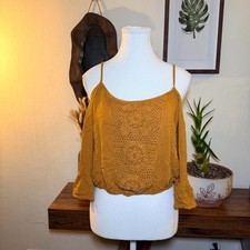 Mustard Crochet Cold Shoulder Top Bell Sleeve Boho Festival Size L picture