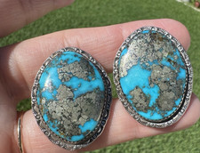 GORGEOUS HUGE VTG INEZ KEE  NAVAJO STERLING FINEST MORENCI TURQUOISE EARRINGS-NR picture