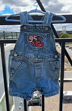 Baby Gap Pixar Cars Blue Denim Overall Shorts 6-9 Months Pockets Embroidered picture