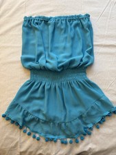 NWT Ramy Brook Marcie Dress L Turquoise Blue Cover-up Pom Poms picture