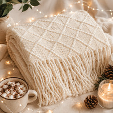 Cream Ivory Throw Blanket 50x70 Textured Diamond Fringe Cozy Home Decor picture