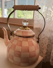 MacKenzie-Childs in ROSY CHECK 2 Quart Tea Kettle Hand Painted Pink & White picture