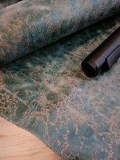 3-4oz VINTAGE MARBLED DISTRESSED TURQUOISE & GOLD TEAL LEATHER HIDE SHEET PANEL picture