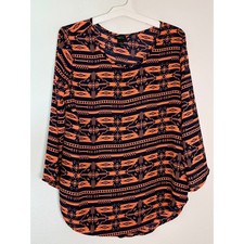 Rue21 Orange Navy Blue Tribal Geometric Button Back Blouse Large picture