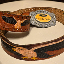 ​Vintage Ford Buckle Tooled Leather Belt Painted Eagle Americana Western Sz 38 picture