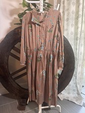 VTG 70s Malouf of Dallas Floral Secretary Midi Dress Long Sleeve Brown M/L picture