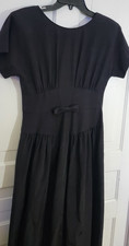80s Vintage Lanz Originals Back Button Black Midi Dress Smocked Waist Sm Bow picture