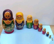 Vintage 10 Pc Matryoshka Nesting Dolls Hand Painted Wood Inlay Complete Set picture
