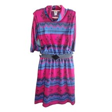 Vintage Miss Oops Cowl Neck Dress USA Made Pink Blue Aztec Print Size 14 picture