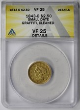 1843-O Small Date Liberty Head Gold Quarter Eagle $2.5 ANACS VF 25 Details picture