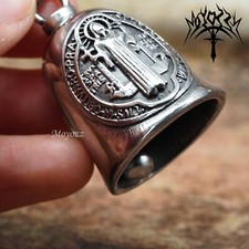 Silver Cross Saint Benedict Motorcycle Gremlin Bell Biker Ride Bell Pendant picture