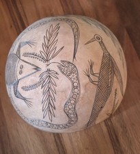 Vintage Hand Engraved Calabash Gourd Wall Art African Folk Art Snake Bird Lizard picture