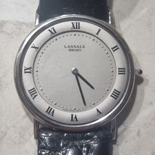 Seiko Lassale Quartz 5A54-023A Silver Roman Dial Black Leather Strap Watch picture
