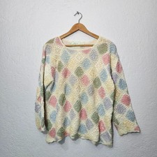 Vintage Pastel Argyle Open Knit Sweater Long Sleeve Cottage core Boho Retro picture