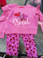 Kidgets Girls 3T 2pc Pink/Red Heart Sweatshirt & Pants Set Long Sleeve Ruffle picture