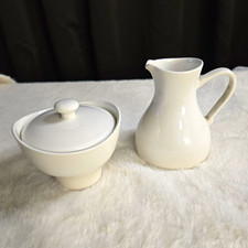 Vintage Hall Pottery White Ceramic Creamer & Sugar Set 3pc w/ Lid, Handles picture