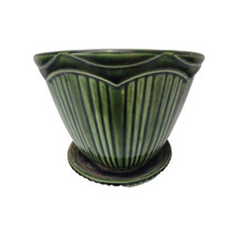 Vintage McCoy Green Striped Round Planter Ceramic Art Pottery 636 USA Decor picture