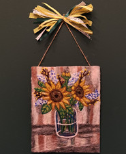 Handmade 2D Needle Felted Sunflowers in Jar 8x10 Wall Hanging picture