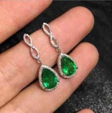 2.89Ct Pear Lab Created Green Emerald Drop/Dangle Earrings 14K White Gold Plated picture