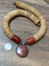 Thick Vintage Wood Amber Bakelite Carnelian Stone 1960s Statement Necklace picture