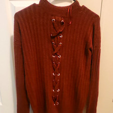 Pink Republic Women’s L Brown Rib-Knit Lace-Up Mock Neck Pullover Sweater picture