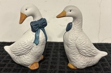 Vintage 1980's Ceramic White Goose Figurines Blue Bows Country Cottagecore Set 2 picture