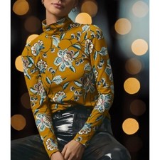 Anthropologie Maeve Mustard Yellow Floral Printed Mock Neck Turtleneck Large picture