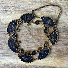Vintage Amita Japan Damascene Fan Panel Bracelet 24K Gold Silver Inlay 1950s picture