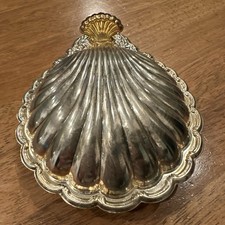 Vintage Silver Plate Clam Shell Butter Caviar Dish Hinged Frosted Glass Insert picture